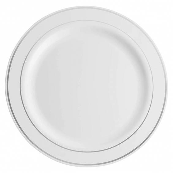 10.25 in. White Plastic Plate with Silver Rim - 120/Case