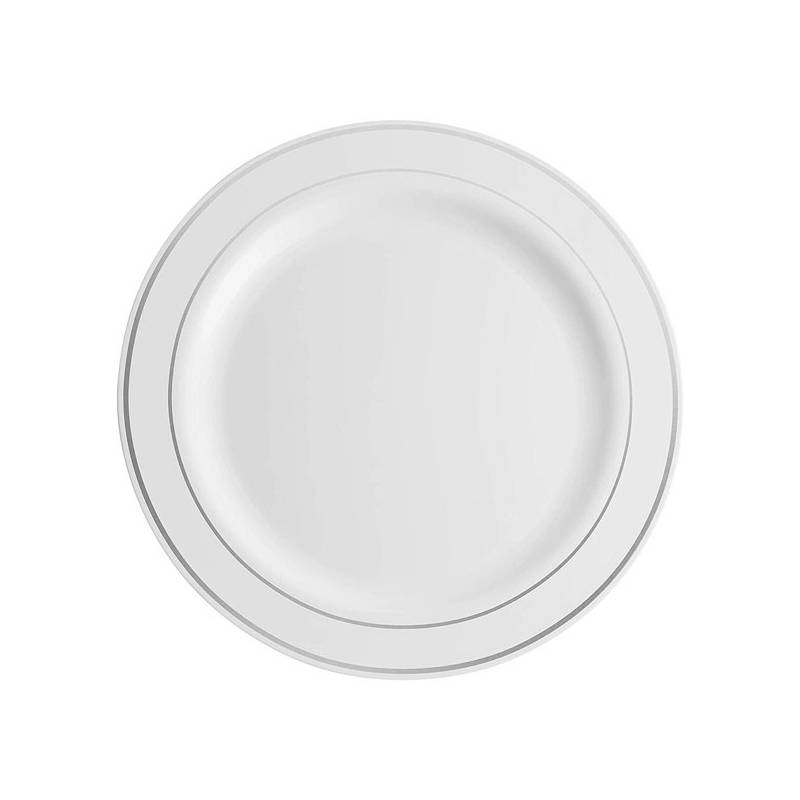 10.25 in. White Plastic Plate with Silver Rim - 120/Case