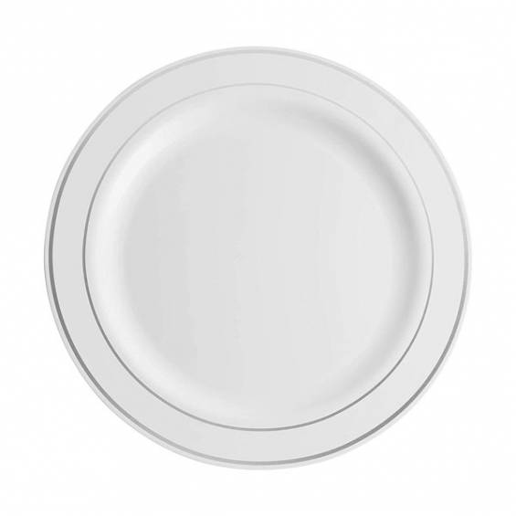 7.5 in. White Plastic Plate with Silver Rim - 150/Case