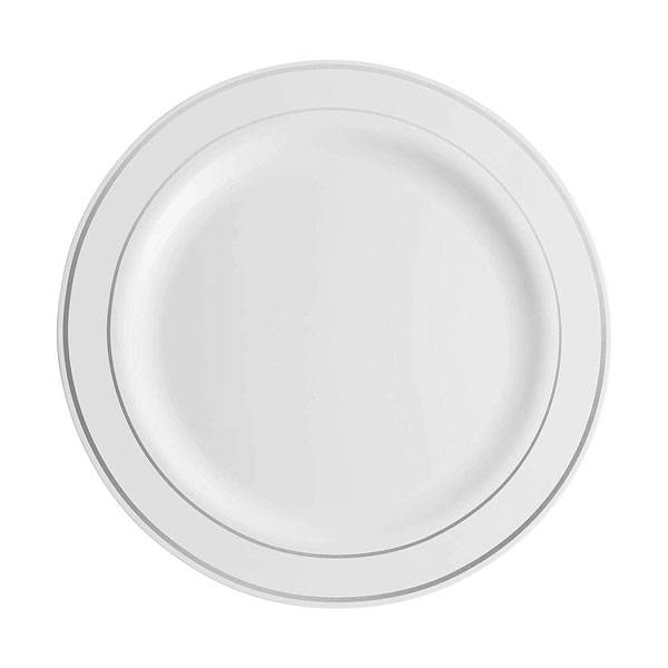 10.25 in. White Plastic Plate with Silver Rim - 100/case