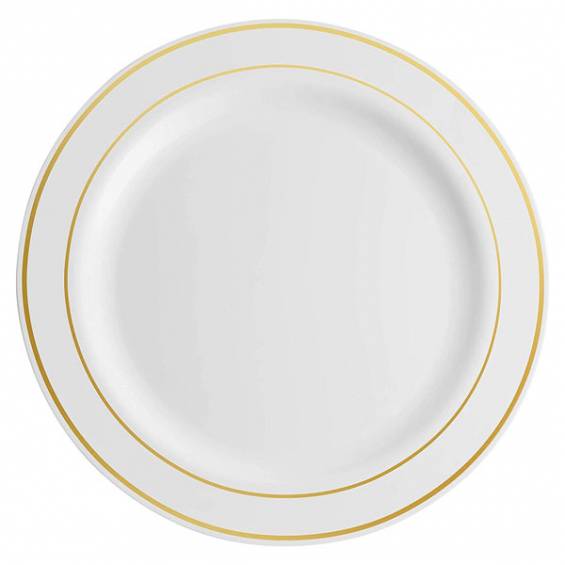 10.25 in. White Plastic Plate with Gold Rim - 120/Case