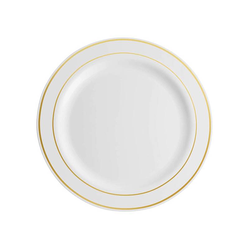 10.25 in. White Plastic Plate with Gold Rim - 120/Case