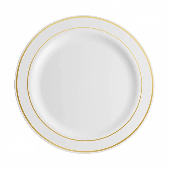 7.5 in. White Plastic Plate with Gold Rim - 150/case