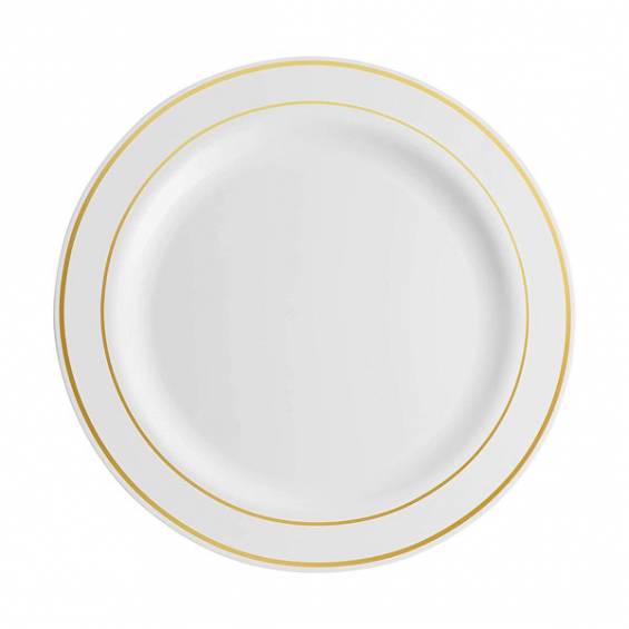 7.5 in. White Plastic Plate with Gold Rim - 150/Case