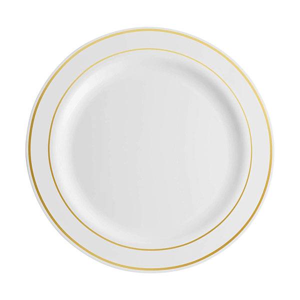 7.5 in. White Plastic Plate with Gold Rim - 150/case