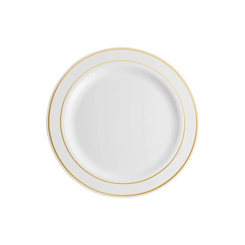 7.5 in. White Plastic Plate with Gold Rim - 150/Case