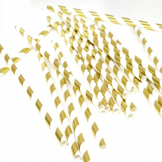 Eco Friendly Paper Straws 7.7 in. Gold Striped Foil - 100/Bag