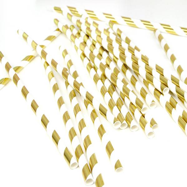 Eco Friendly Paper Straws 7.7 in. Gold Striped Foil - 100/Cs