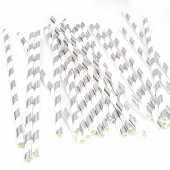 Eco Friendly Paper Straws 7.7 in. Silver Striped Foil - 100/Bag